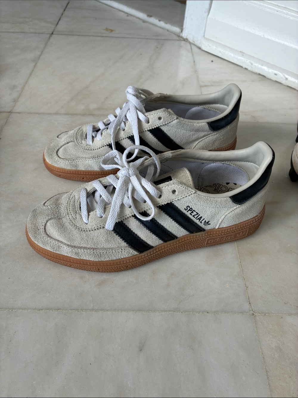Adidas Spezial Suede Sneakers in Off-White with Black Stripes and Gum Sole